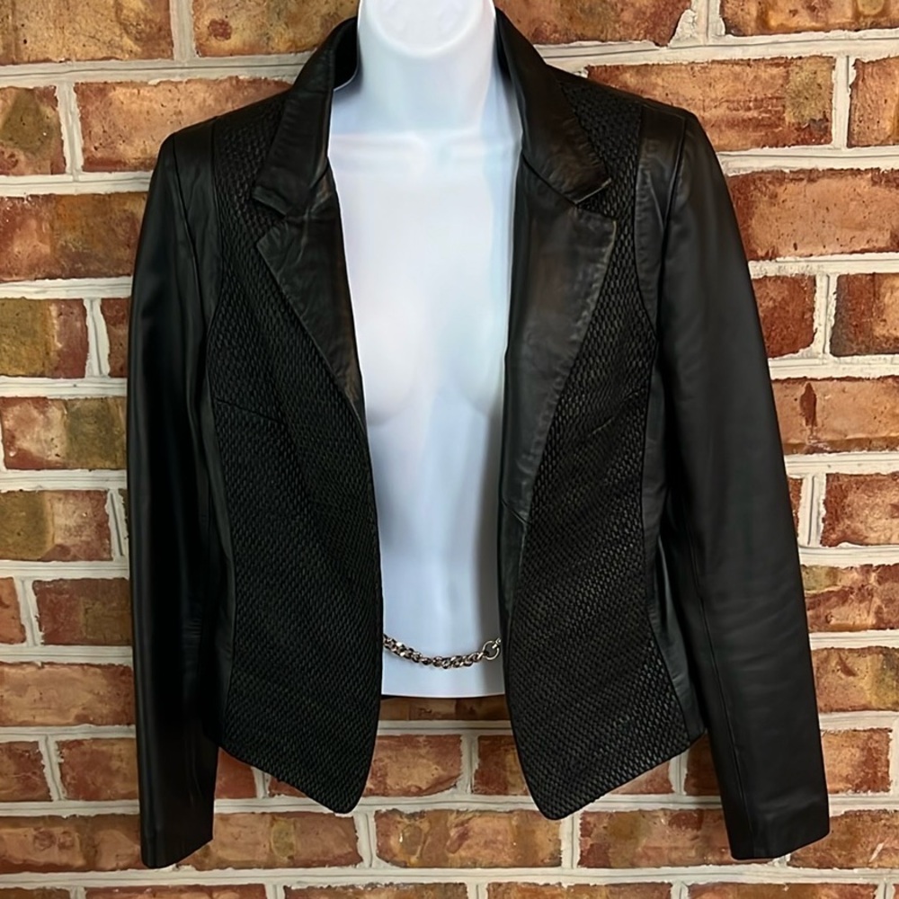Raffaello Italian Black Leather Women's Jacket Blazer w/ silver hardware Size 42
